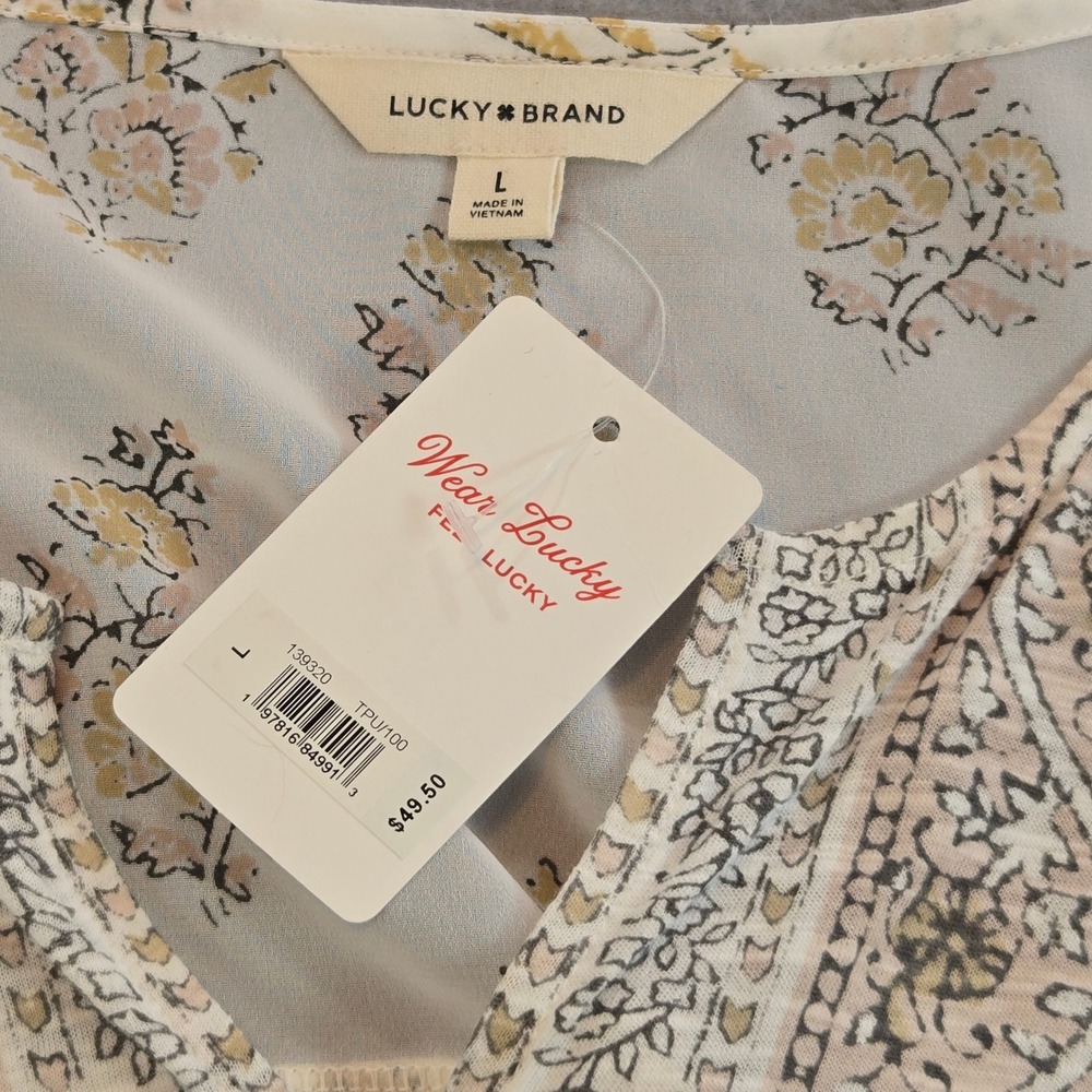 Lucky Brand Womens Floral Print Mixed Media Cap Sleeve Top Cream Large NWT - Picture 2 of 6